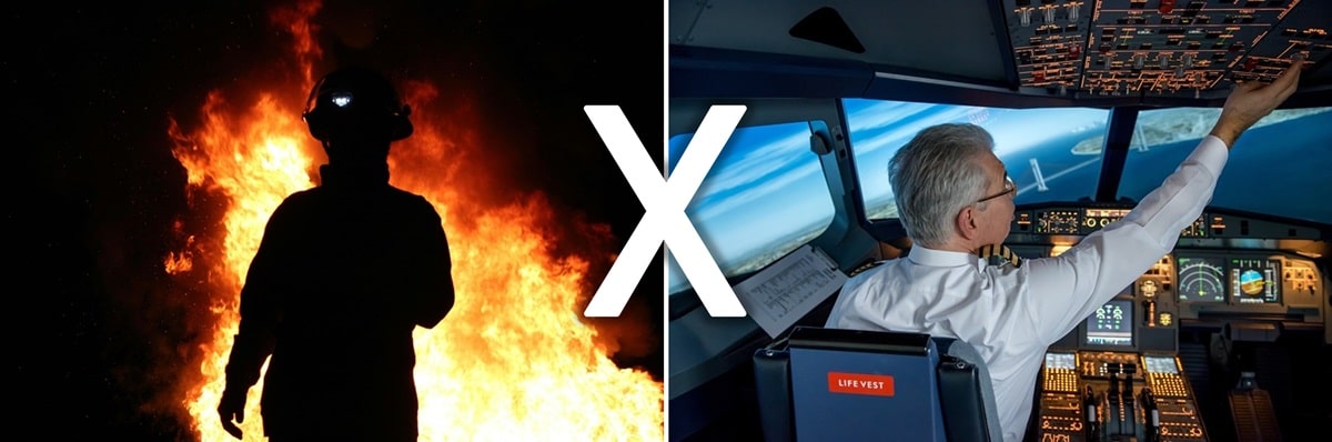 Bombeiro e incêndio versus piloto operando instrumentos na cabine de avião